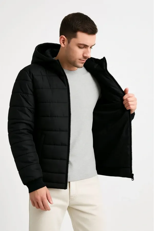 Erkek Şişme Kapüşonlu Fermuarlı Mont Su itici Kapitone Astarlı Kumaş Cepli Kışlık Rahat Kalıp - Siyah