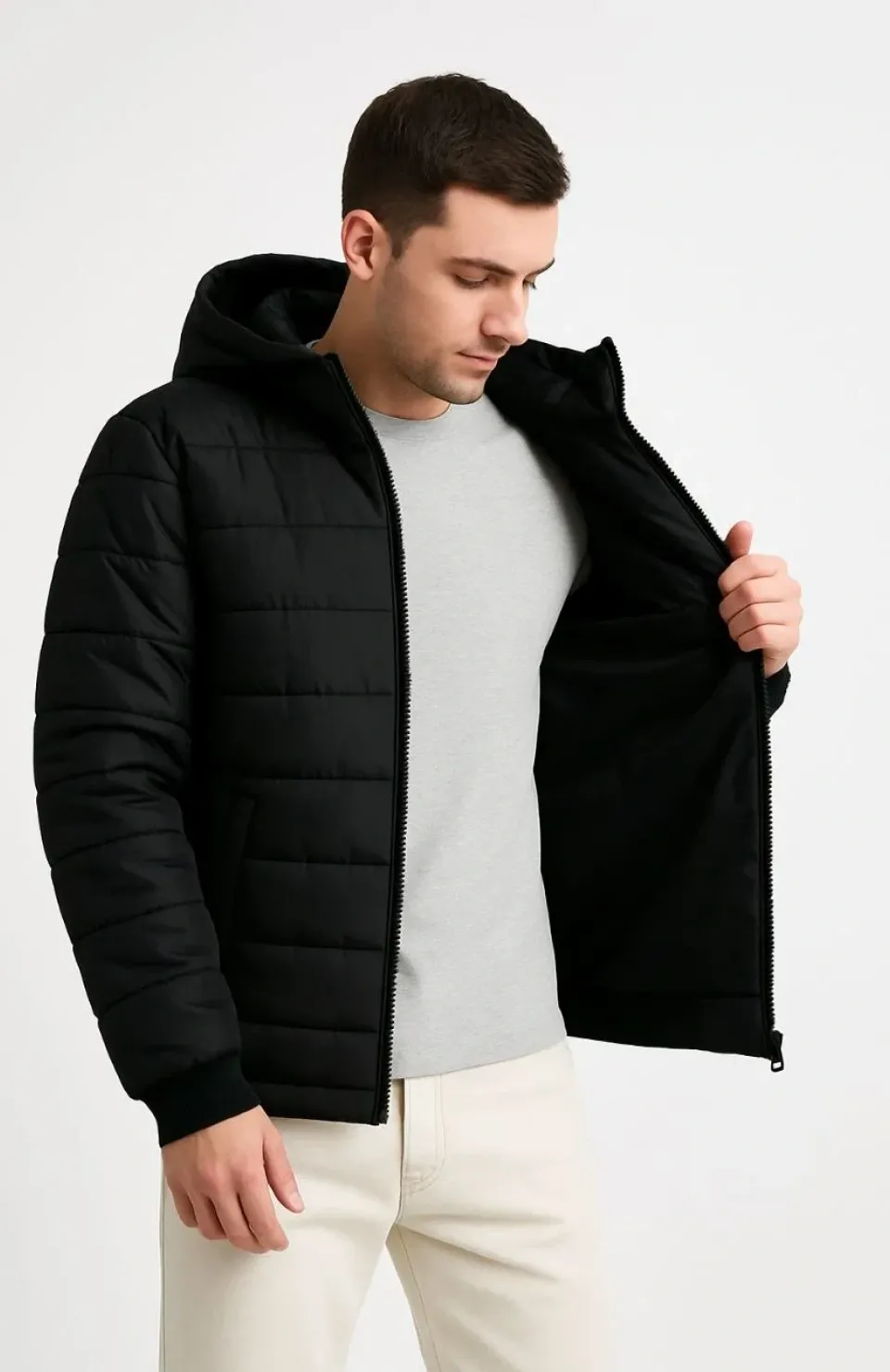 Erkek Şişme Kapüşonlu Fermuarlı Mont Su itici Kapitone Astarlı Kumaş Cepli Kışlık Rahat Kalıp - Siyah Somersan Giyim | Kadın, Erkek ve Çocuk Moda