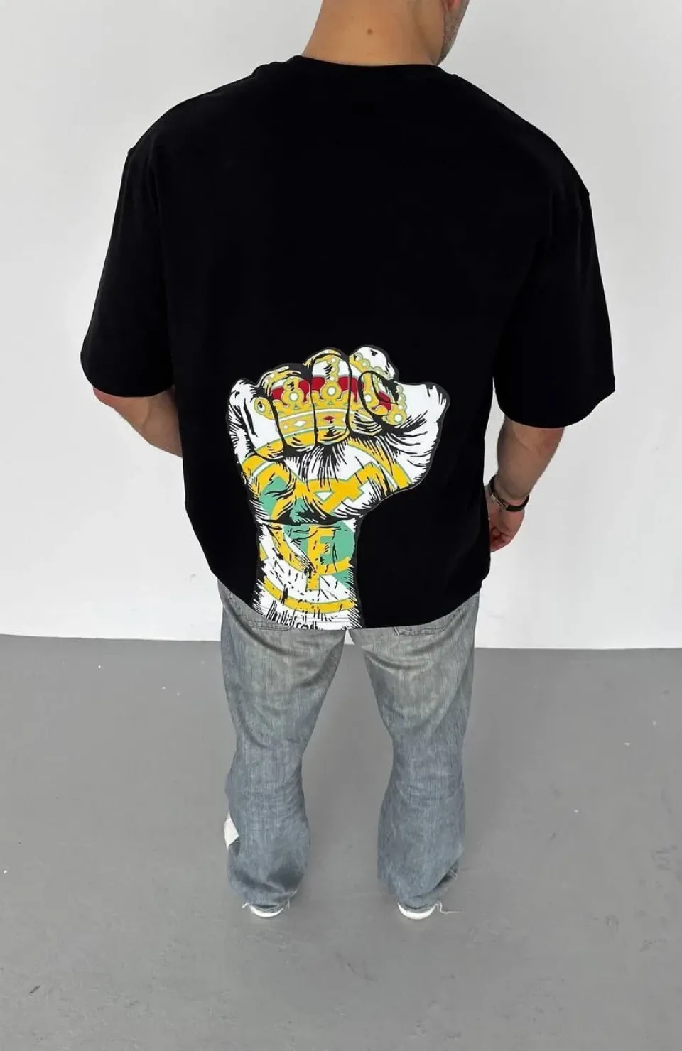 Unisex Bisiklet Yaka Baskılı Oversize T-Shirt - Siyah