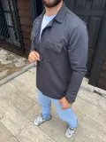 Erkek Diagonal Kumaş Cepli Çıtçıtlı uzun Kollu, Gömlek Oversize Rahat Kalıp Günlük Şık Stil - Füme