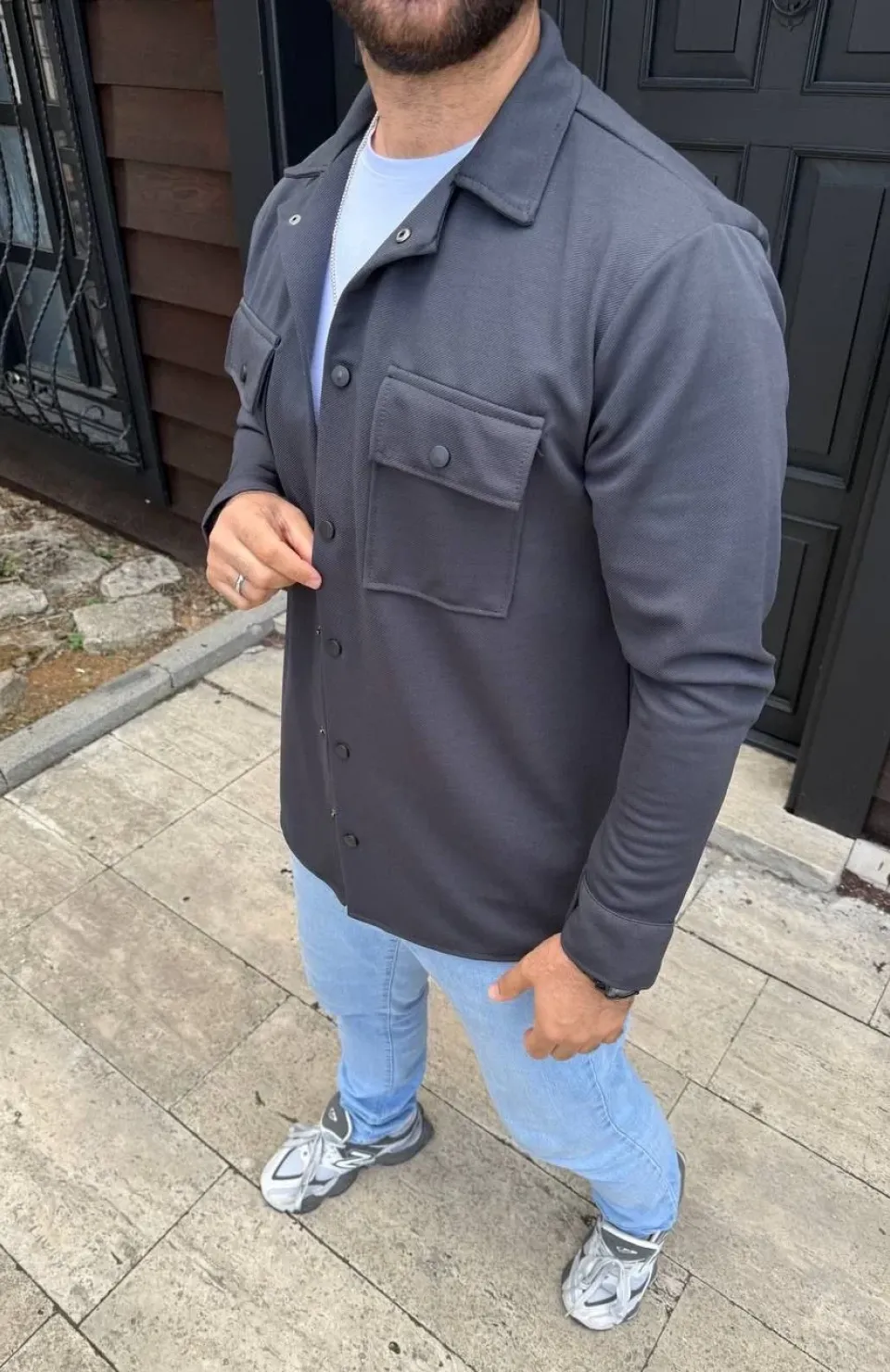 Erkek Diagonal Kumaş Cepli Çıtçıtlı uzun Kollu, Gömlek Oversize Rahat Kalıp Günlük Şık Stil - Füme