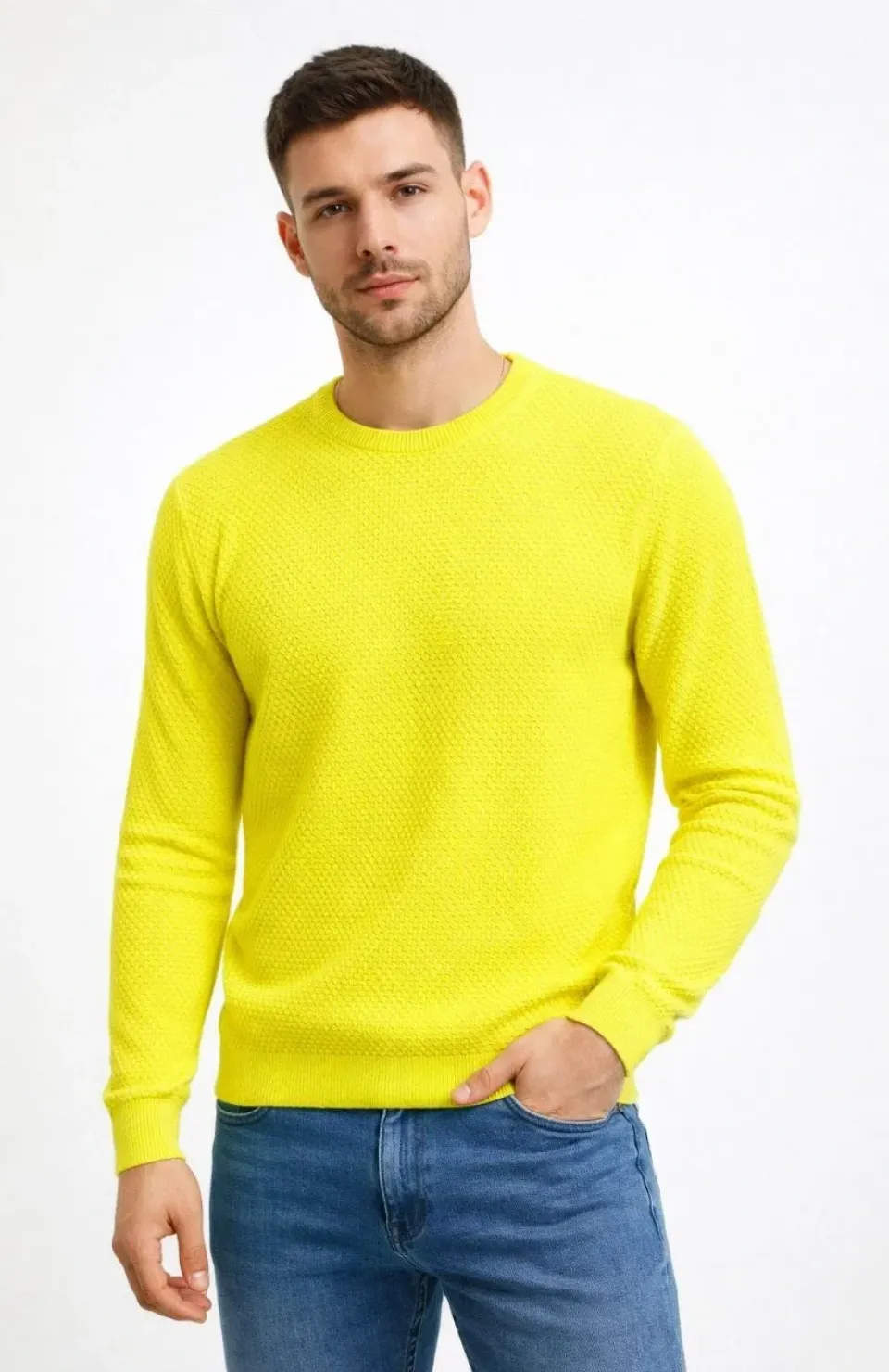 Erkek Bisiklet Yaka Petekli dokulu Triko Kazak Pamuklu ince Dokuma, uzun kollu Rahat Regular kalıp - Sarı Somersan Giyim | Kadın, Erkek ve Çocuk Moda