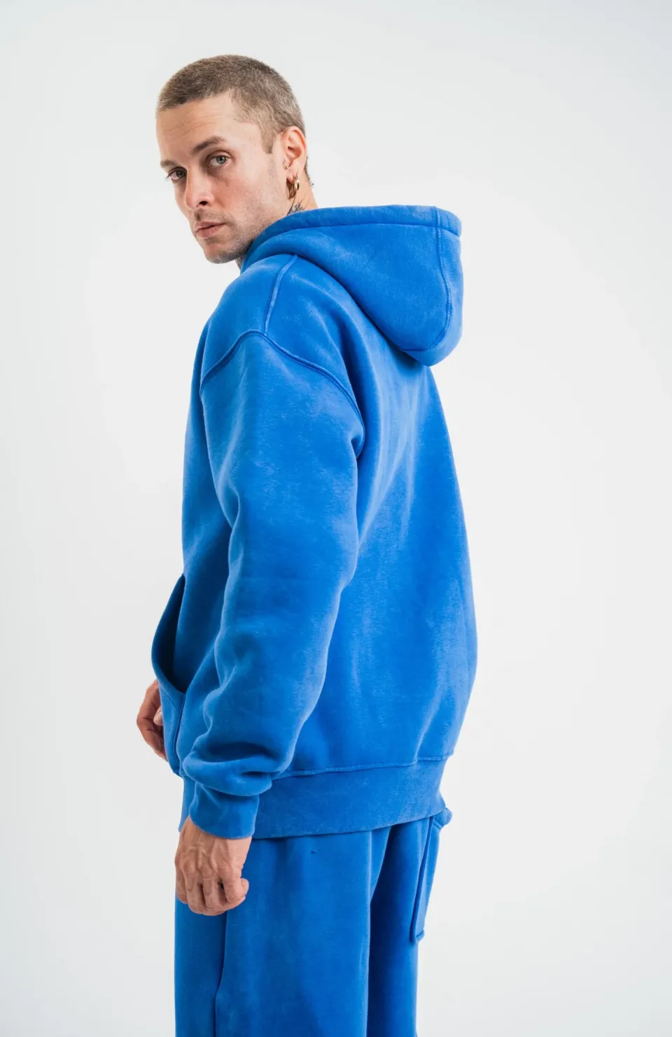 Unisex Double Oversize Kapşonlu Yıkamalı SweatShirt - Mavi