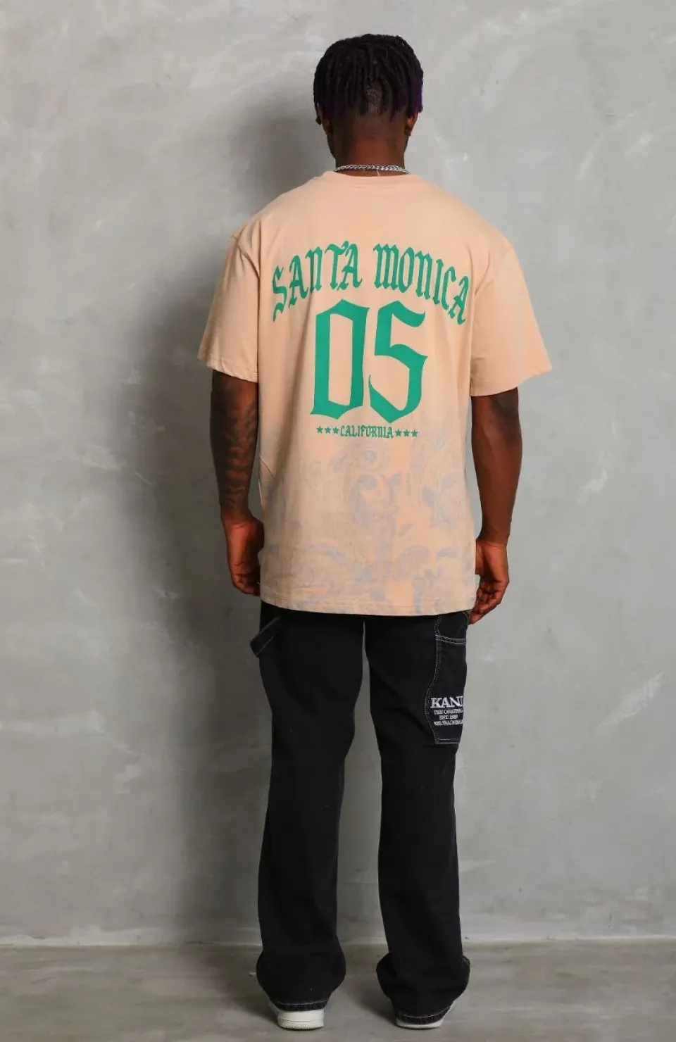 Unisex Oversize Baskılı Bisiklet Yaka T-Shirt - Bej