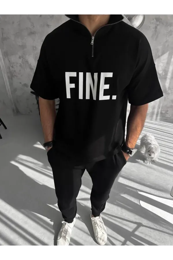 Unisex Baskılı Yarım Fermuarlı T-Shirt - Siyah