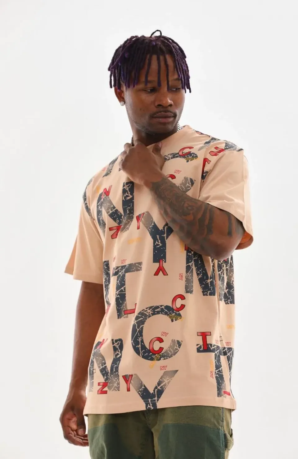 Unisex Baskılı Oversize T-Shirt - Bej