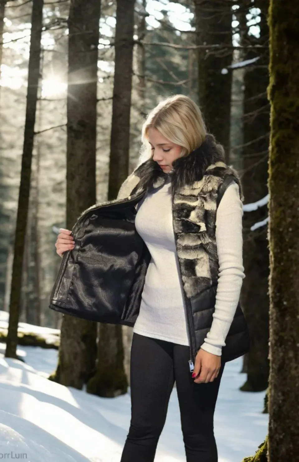 Kadın Kolsuz Hakiki Deri Kürk - Siyah