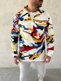 Erkek Yarım Fermuarlı Desenli Polar Sweat – Renkli Abstract Desen Yakalı, Uzun Kollu, Oversize Rahat Kalıp, - Beyaz
