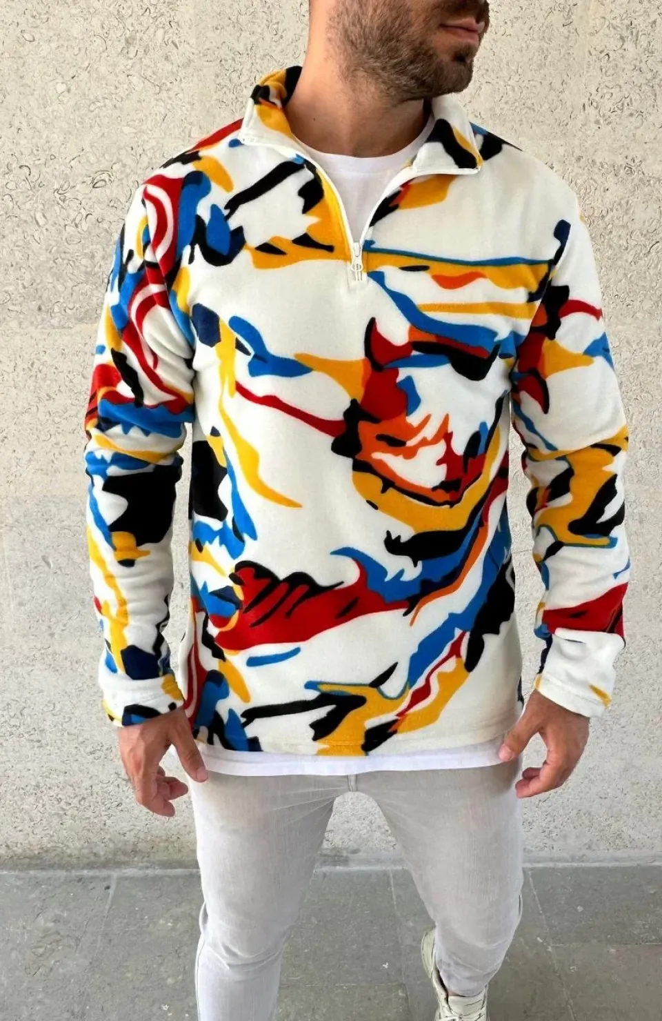 Erkek Yarım Fermuarlı Desenli Polar Sweat – Renkli Abstract Desen Yakalı, Uzun Kollu, Oversize Rahat Kalıp, - Beyaz