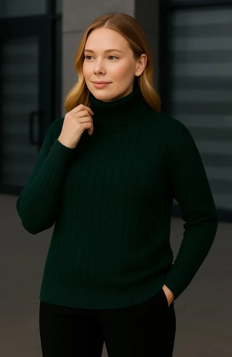 Kadın Balıkcı Yaka Bağazlı Triko Kazak Pamuklu Kalın Fitilli Dokuma - Haki