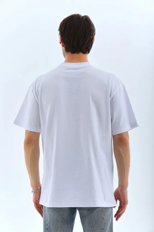 Unisex Oversize Taşlı Bisiklet Yaka T-Shirt - Beyaz