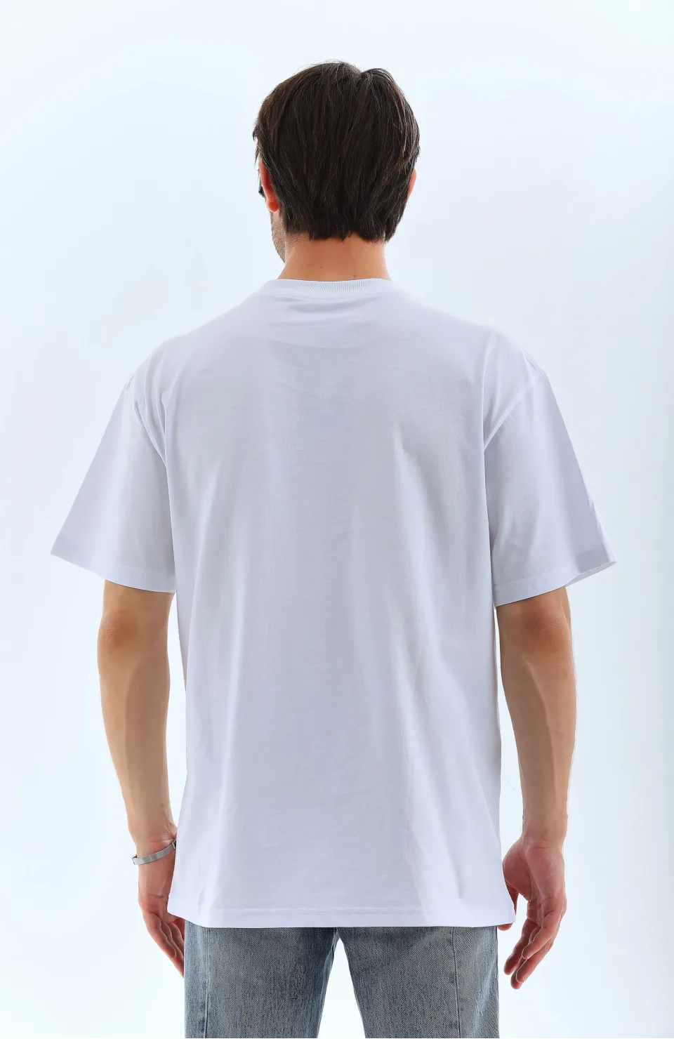 Unisex Oversize Taşlı Bisiklet Yaka T-Shirt - Beyaz