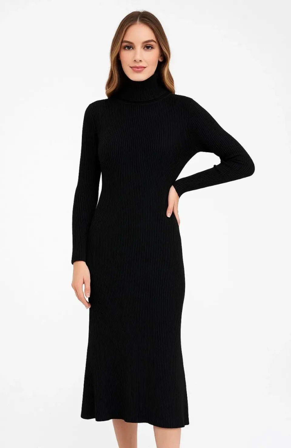 Kadın Boğazlı Triko Elbise – Uzun Fitilli Esnek Dokuma, Tam Kalıp, Kışlık & Baharlık Şık Rahat Stil, 130 cm Midi Boy Elbise - Siyah