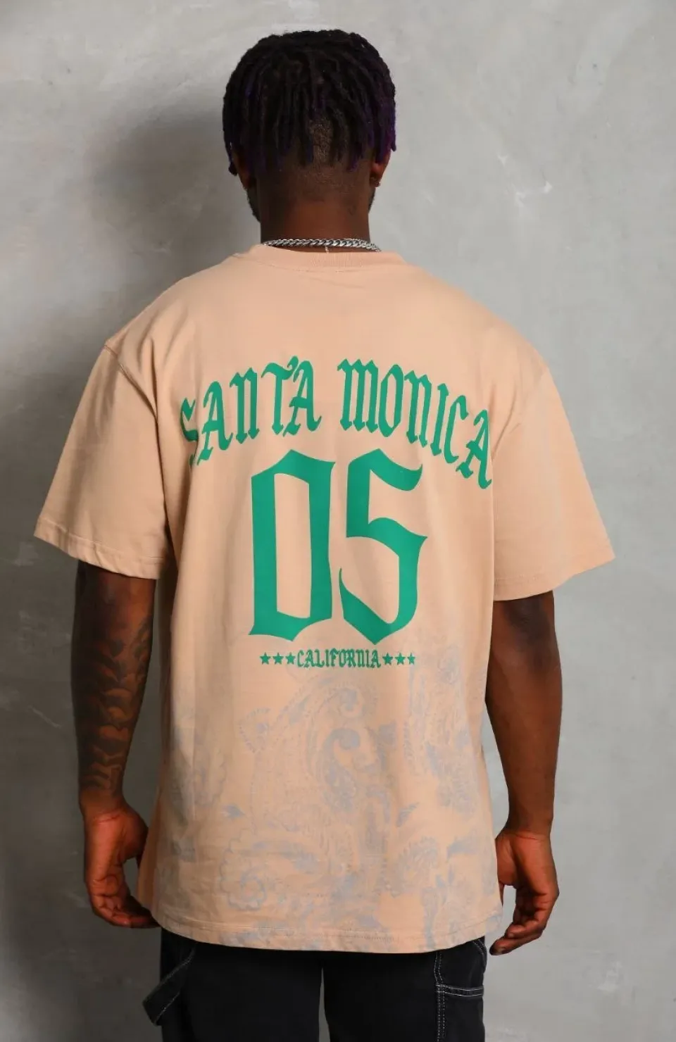 Unisex Oversize Baskılı Bisiklet Yaka T-Shirt - Bej