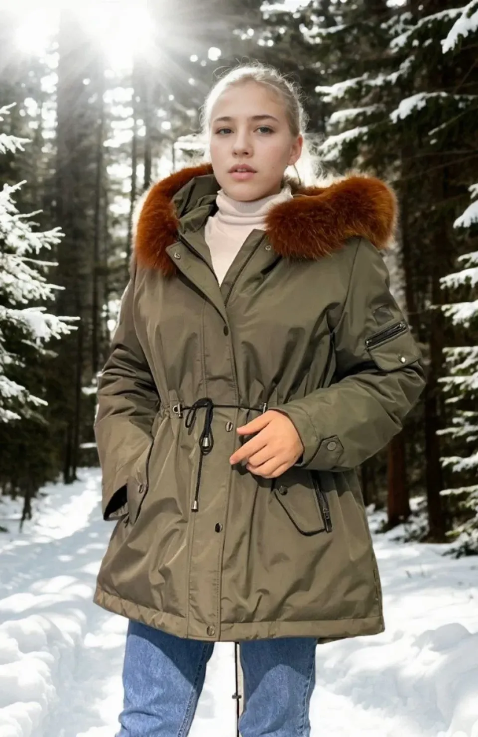 Kadın Su Geçirmez Kapüşonlu Mont - Haki