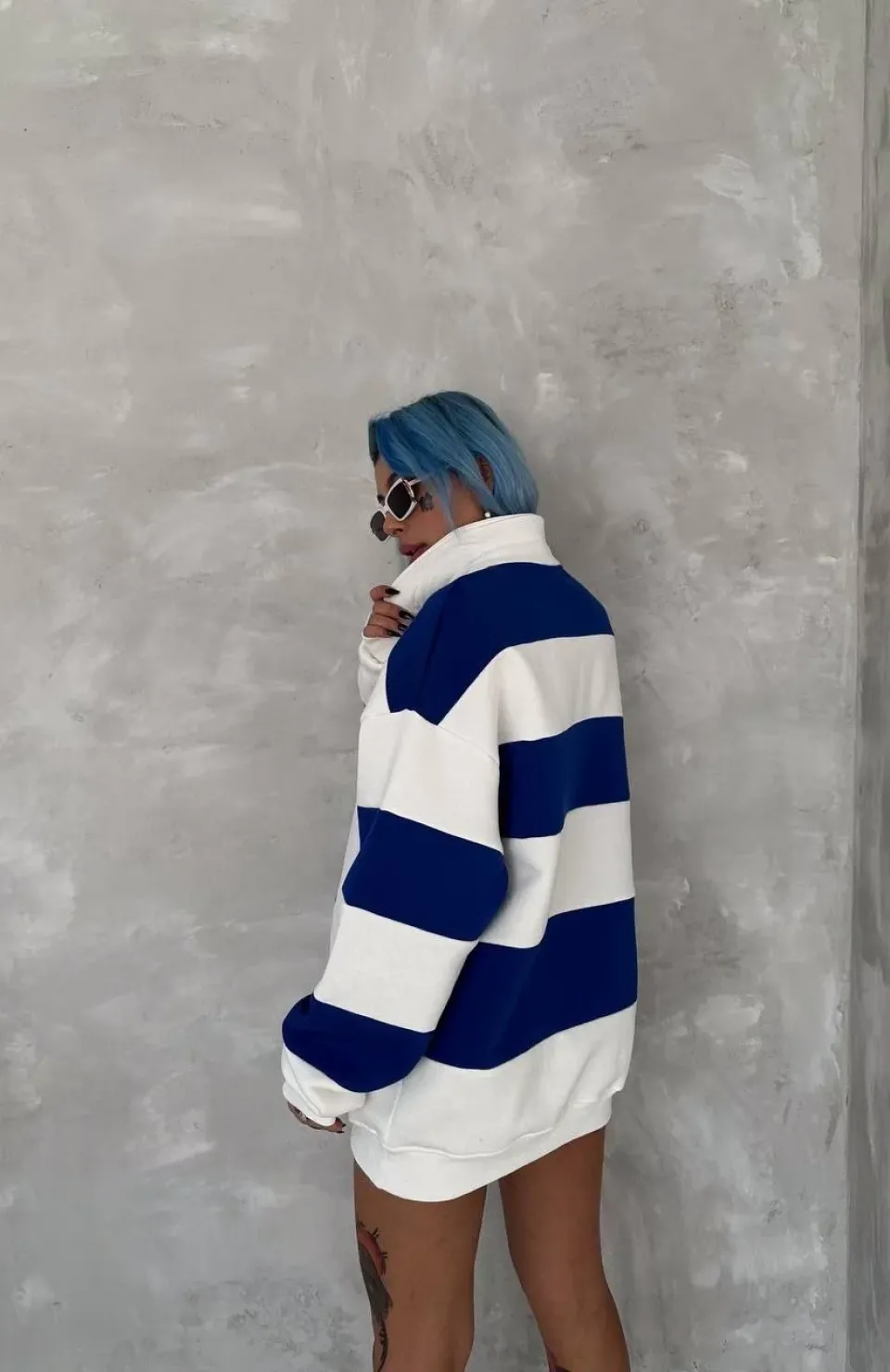 Unisex Üç İplik Parçalı Yakalı SweatShirt - Mavi