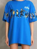 Unisex Bisiklet Yaka Baskılı Oversize T-Shirt - Mavi