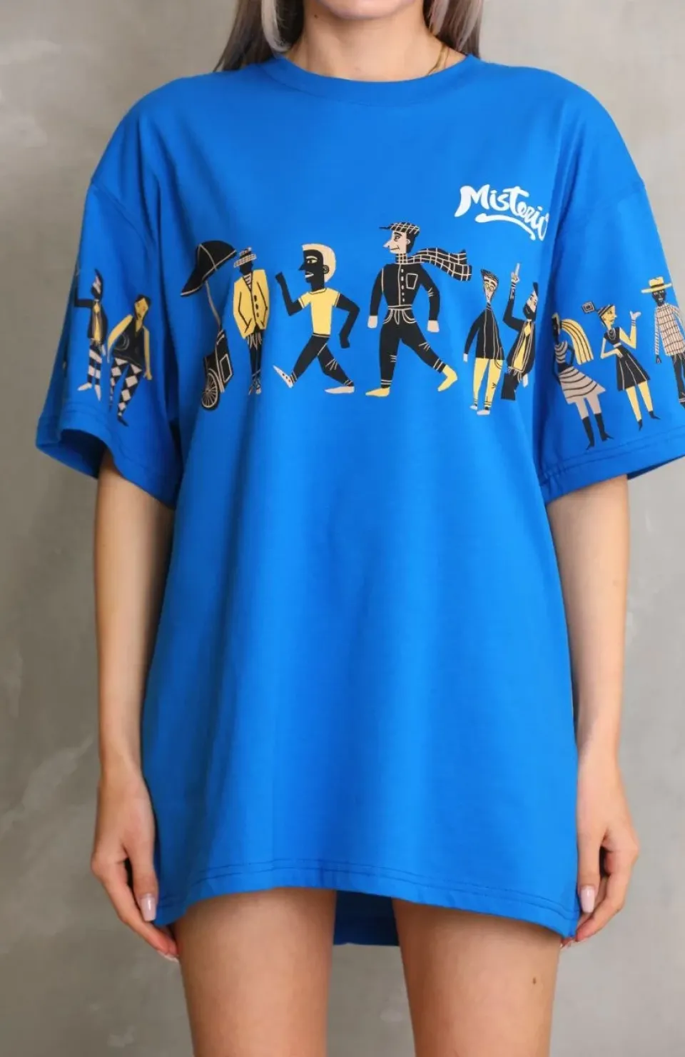 Unisex Bisiklet Yaka Baskılı Oversize T-Shirt - Mavi