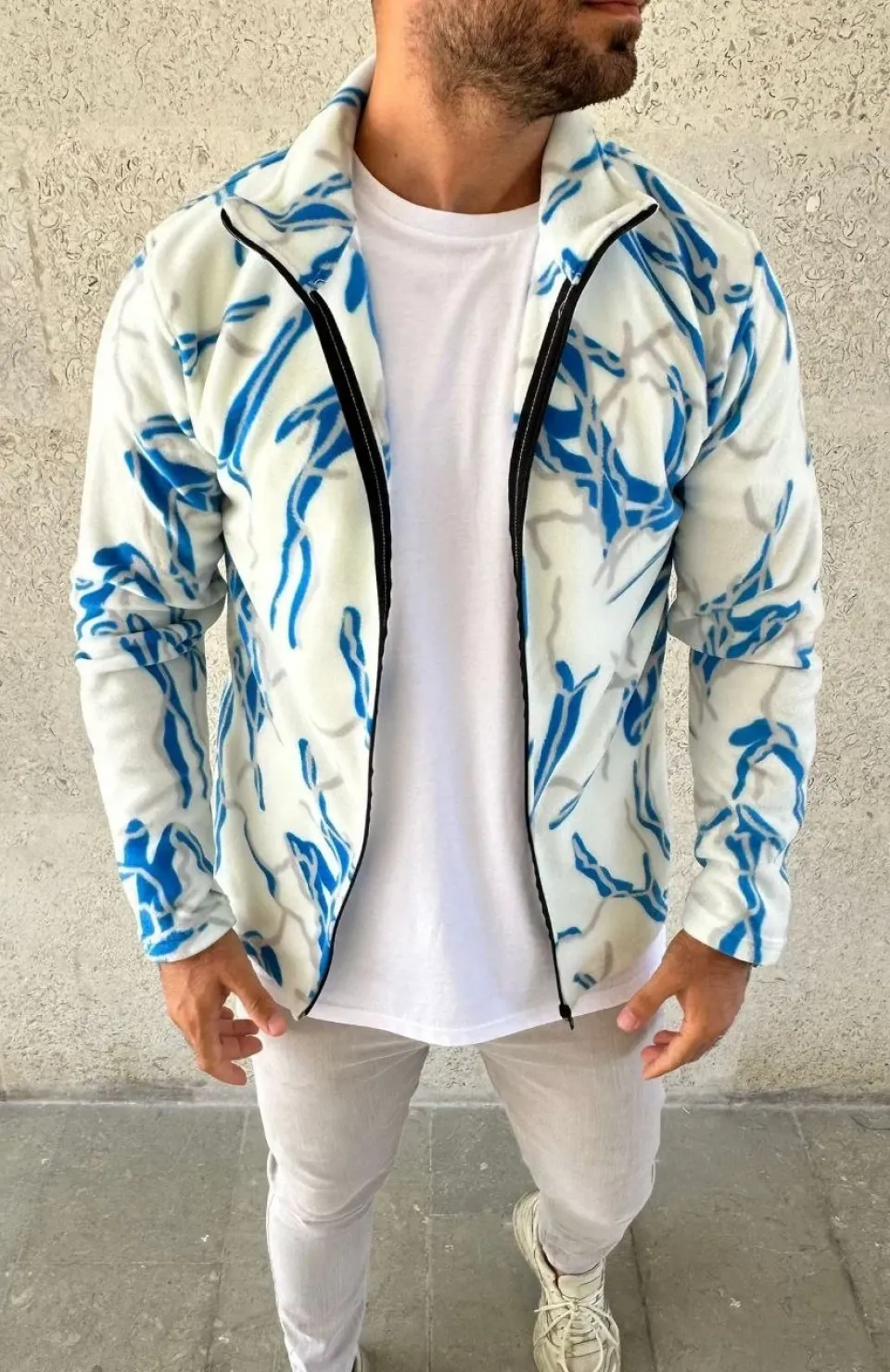 Erkek Tam Fermuarlı Desenli Polar Sweat Lightning Desen Yakalı, Uzun Kollu, Oversize Rahat Kalıp - Beyaz