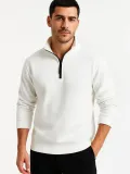 Erkek Dik Yaka Sweatshirt Dik Yaka Yarım Fermuarlı 3 İplik Şardonlu Pamuk Kumaş - Beyaz