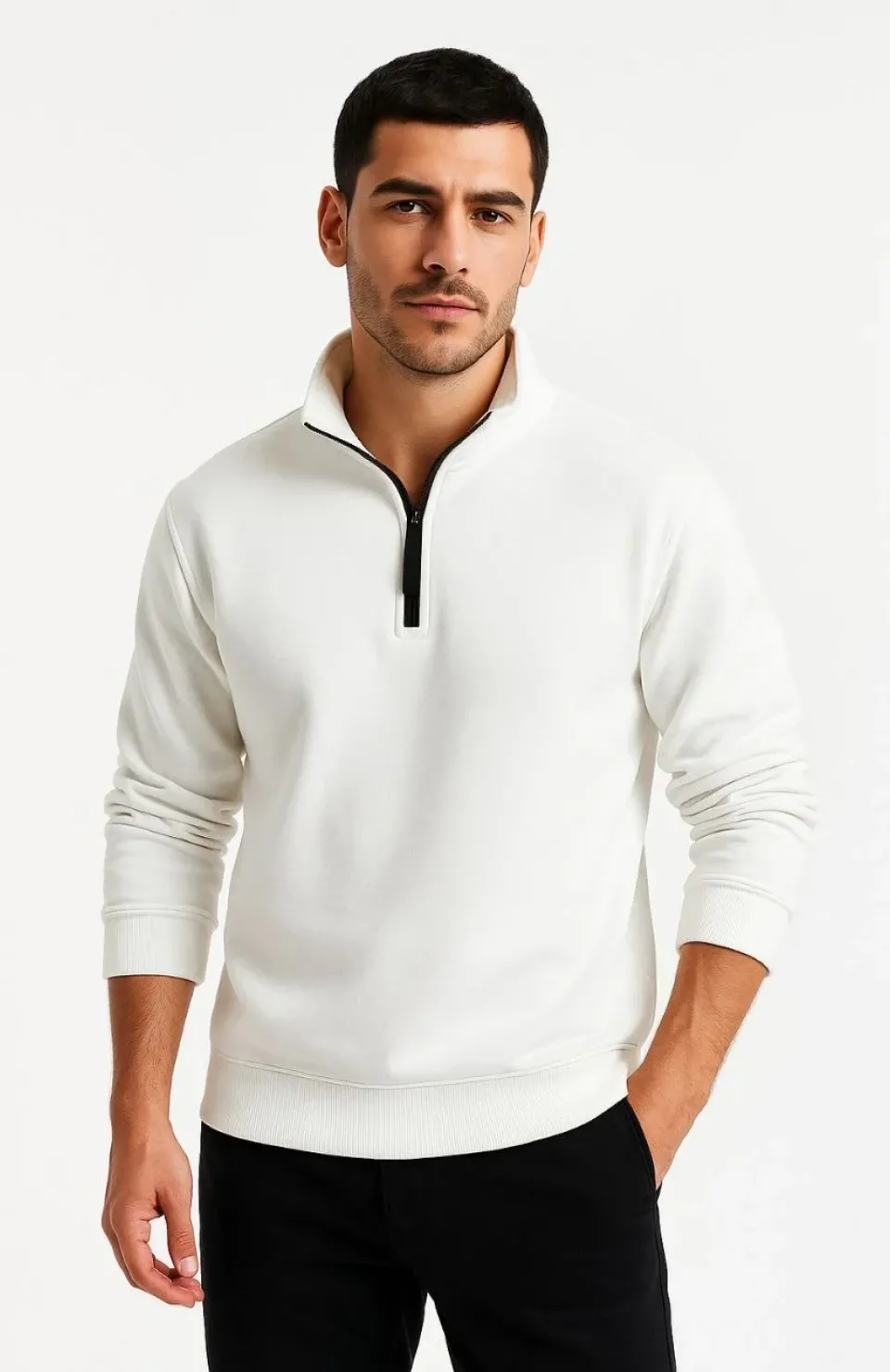 Erkek Dik Yaka Sweatshirt Dik Yaka Yarım Fermuarlı 3 İplik Şardonlu Pamuk Kumaş - Beyaz