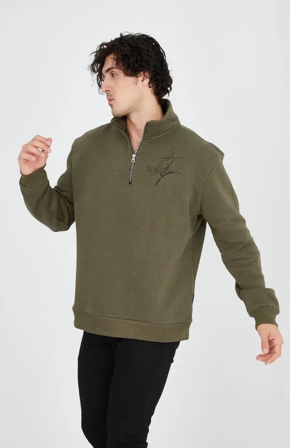 Erkek Yarım Fermuarlı Baskılı Sweat - Yeşil