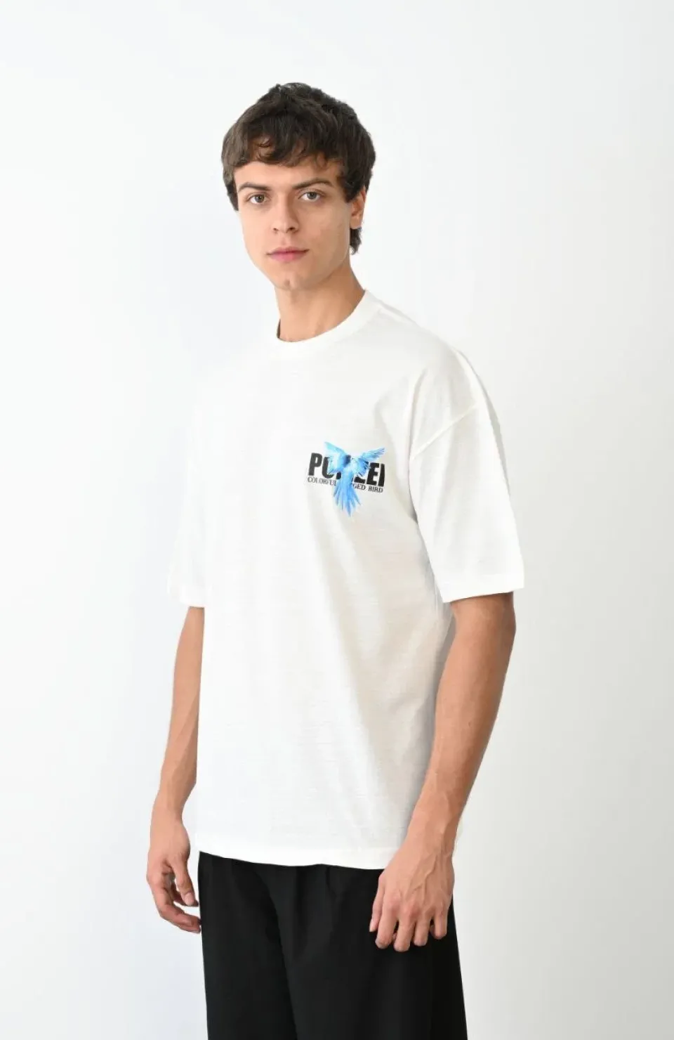 Unisex Bisiklet Yaka Baskılı Oversize T-Shirt - Beyaz