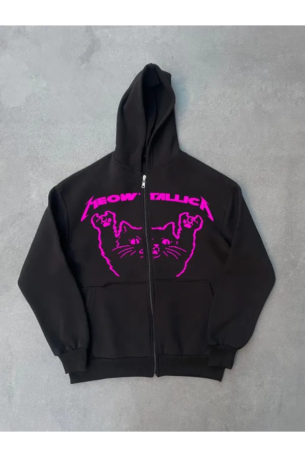 Kışlık Baskılı Fermuarlı Kapüşonlu Hırka - Siyah