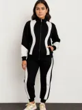 Kadın Premium Parçalı Eşofman Takım - Dik Yaka Fermuarlı Sweatshirt - Siyah