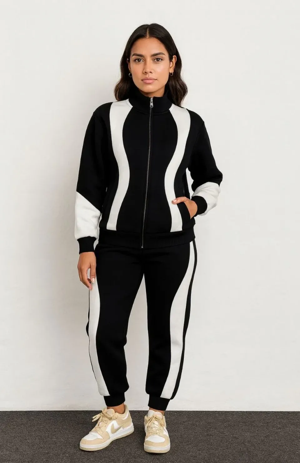 Kadın Premium Parçalı Eşofman Takım - Dik Yaka Fermuarlı Sweatshirt - Siyah