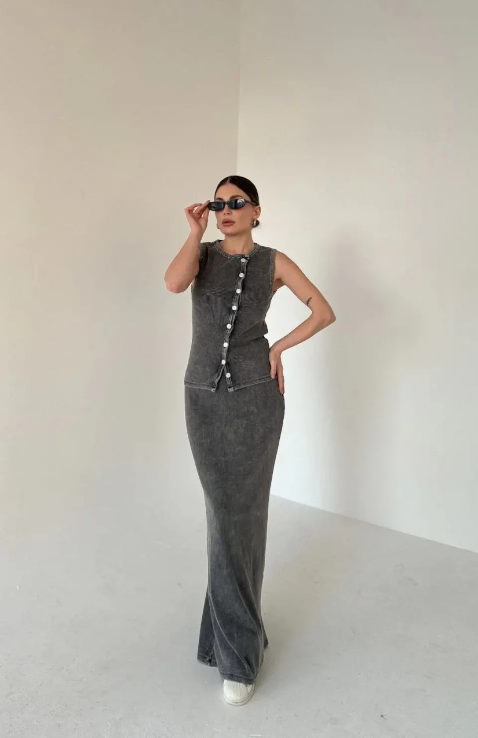 Uzun Etekli Önü Düğmeli Badi İkili Takım- Antrasit