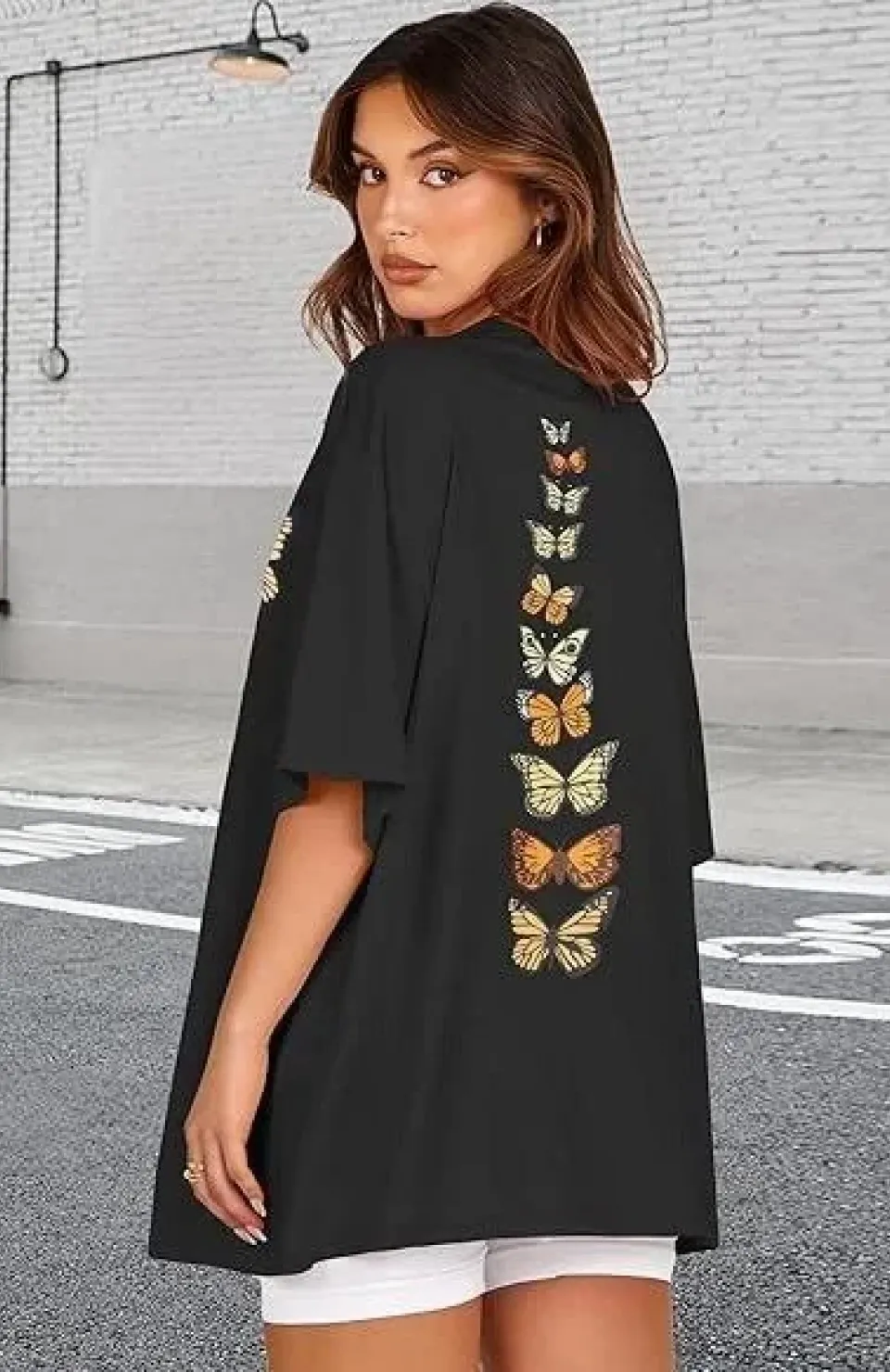 Kadın Bisiklet Yaka Baskılı T-shirt - Siyah