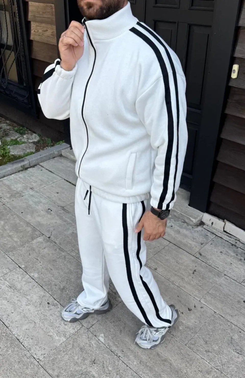 Erkek Çift Şeritli Eşofman Takım Dik Yaka Fermuarlı Sweatshirt Boru Paça Alt, Oversize 3 iplik Pamuklu - Beyaz