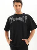 Unisex Oversize Taşlı T-Shirt - Siyah