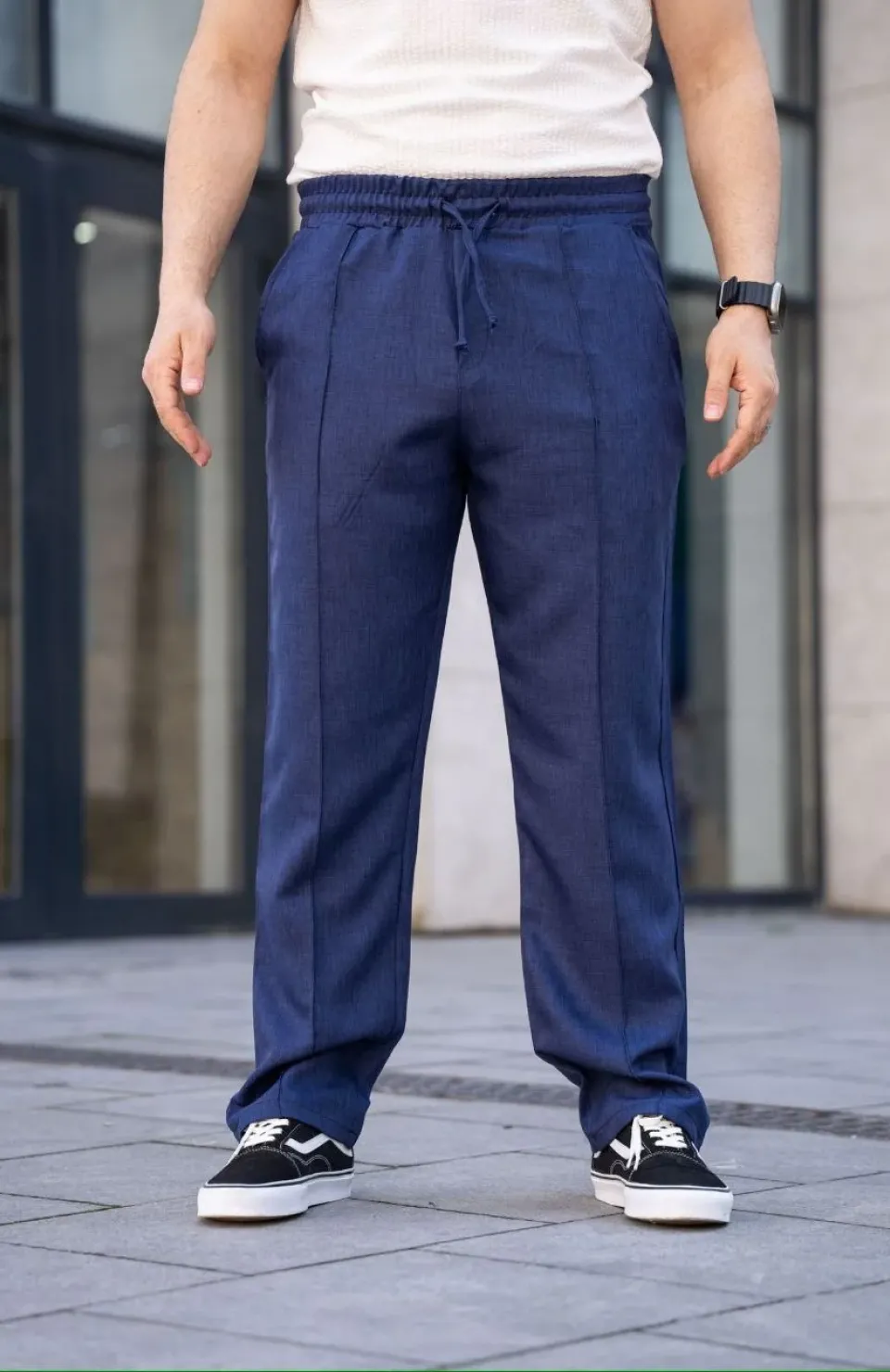 Erkek Keten Cepli Çıma Dikişli jogger Buggy Pantalon Rahat kalıp - Lacivert