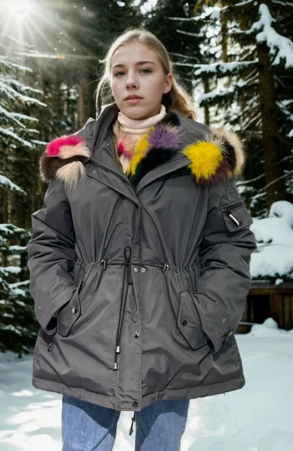 Kadın Su Geçirmez Kapüşonlu Mont - Füme