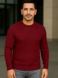 Erkek Bisiklet Yuvarlak Yaka Triko Kazak Pamuklu Kalın Fitilli Dokuma, Regular Fit Uzun Kollu Kışlık Model - Bordo