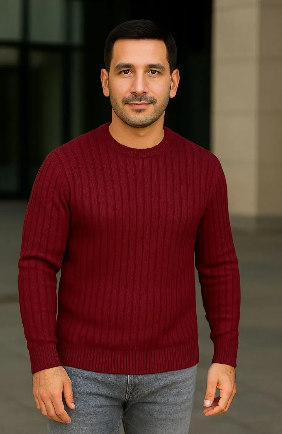 Erkek Bisiklet Yuvarlak Yaka Triko Kazak Pamuklu Kalın Fitilli Dokuma, Regular Fit Uzun Kollu Kışlık Model - Bordo