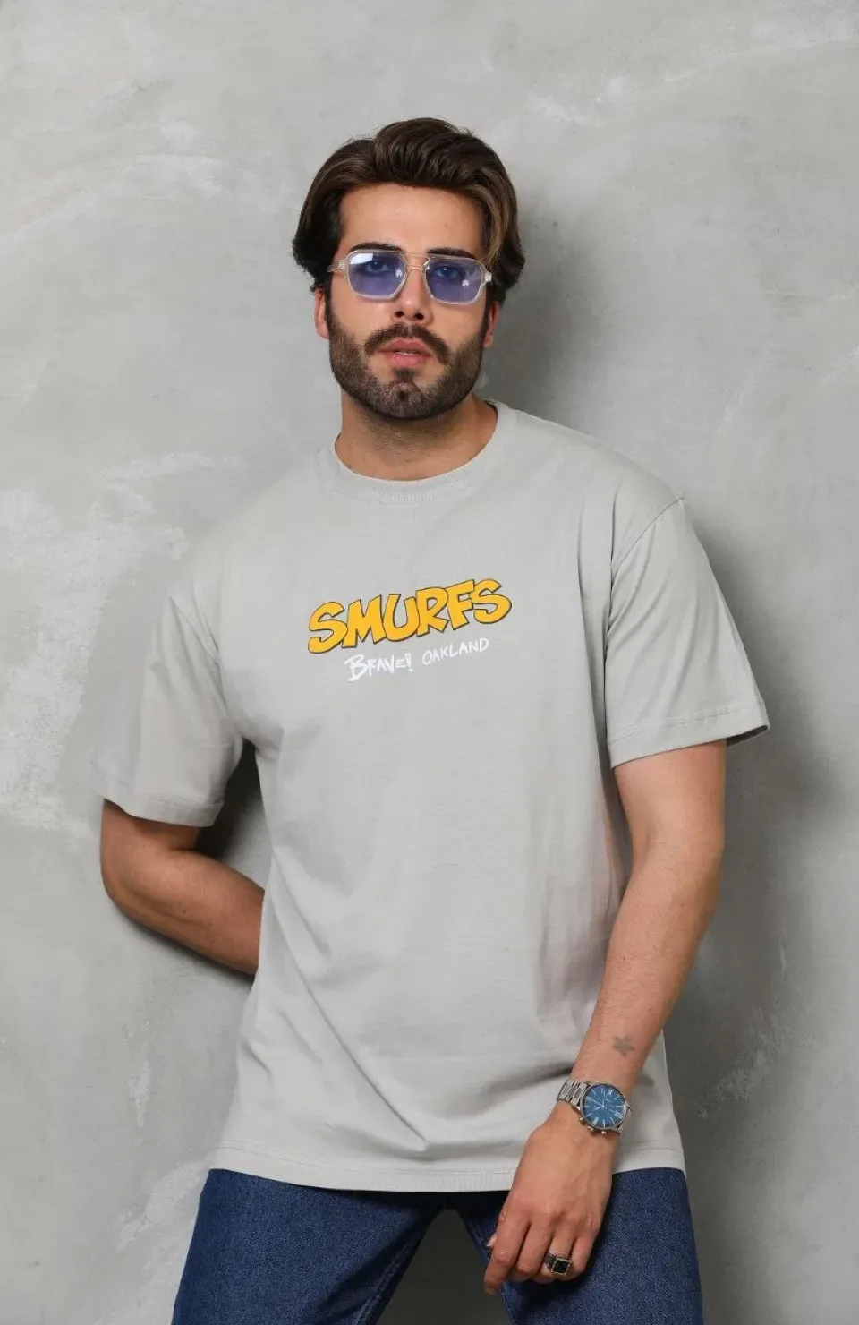 Unisex Basic Bisiklet Yaka Oversize T-Shirt - Gri