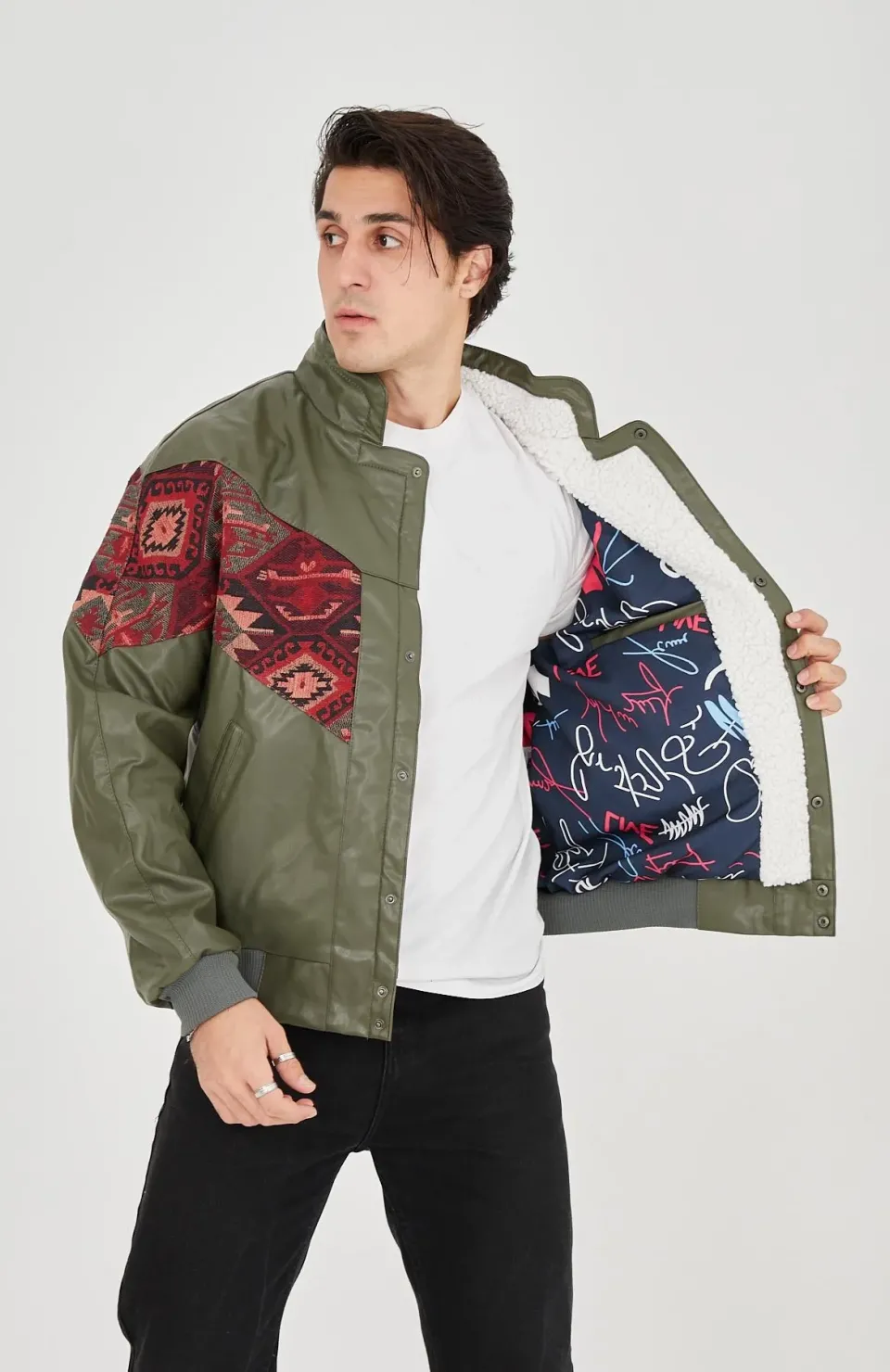 Erkek İçi Astarlı İçten Yaka Kısmı Peluşlu Suni Kumaş Vintage Ceket - Haki