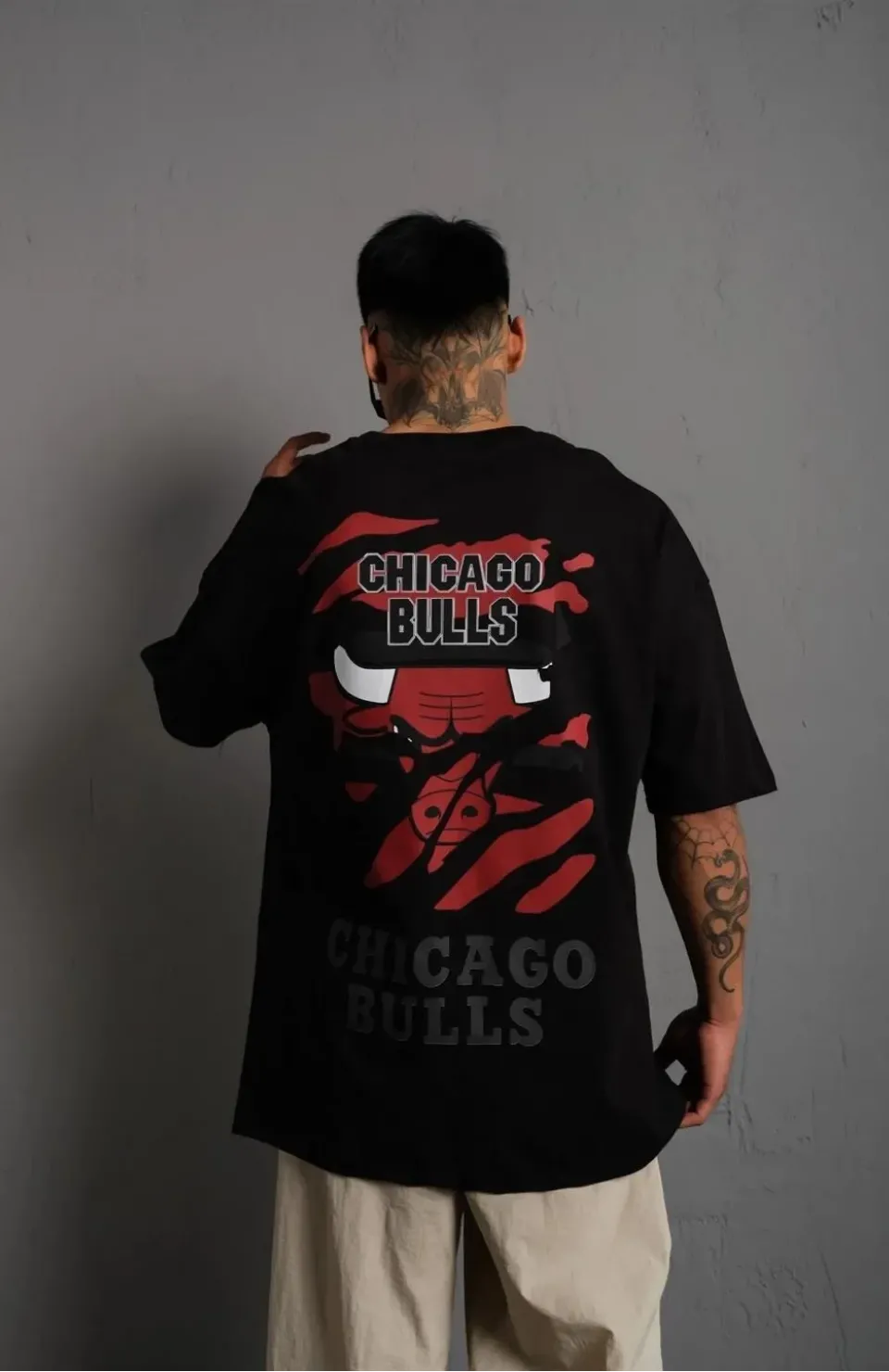 Erkek Sırt Baskılı A Kalite Oversize T-shirt - Siyah