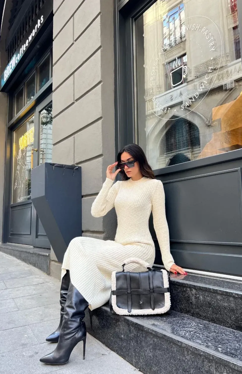 Bisiklet Yaka Fitilli Uzun Elbise - Beyaz