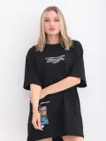 Unisex Bisiklet Yaka Baskılı Oversize T-Shirt - Siyah