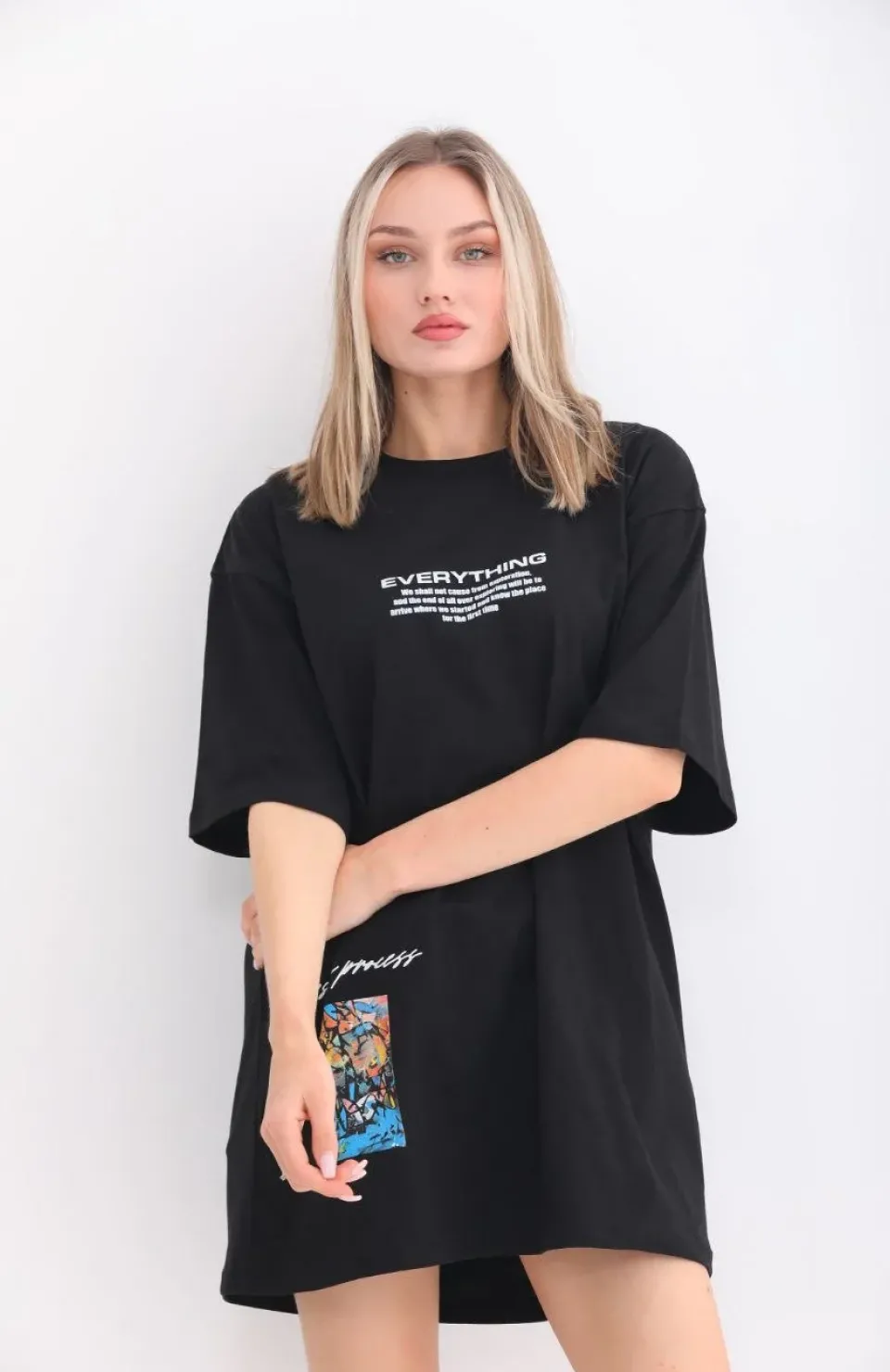 Unisex Bisiklet Yaka Baskılı Oversize T-Shirt - Siyah