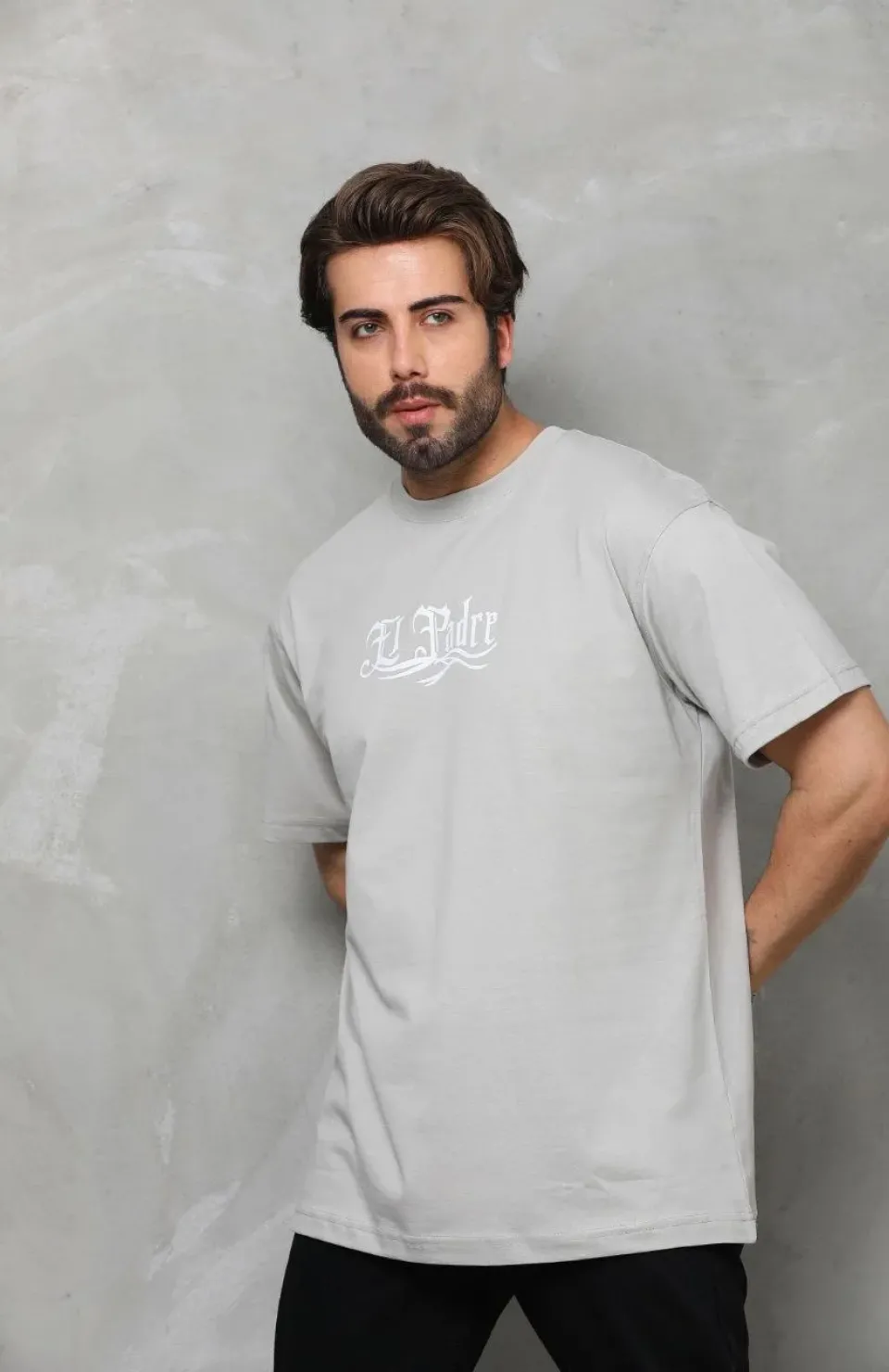 Unisex Bisiklet Yaka Baskılı Oversize T-Shirt - Gri