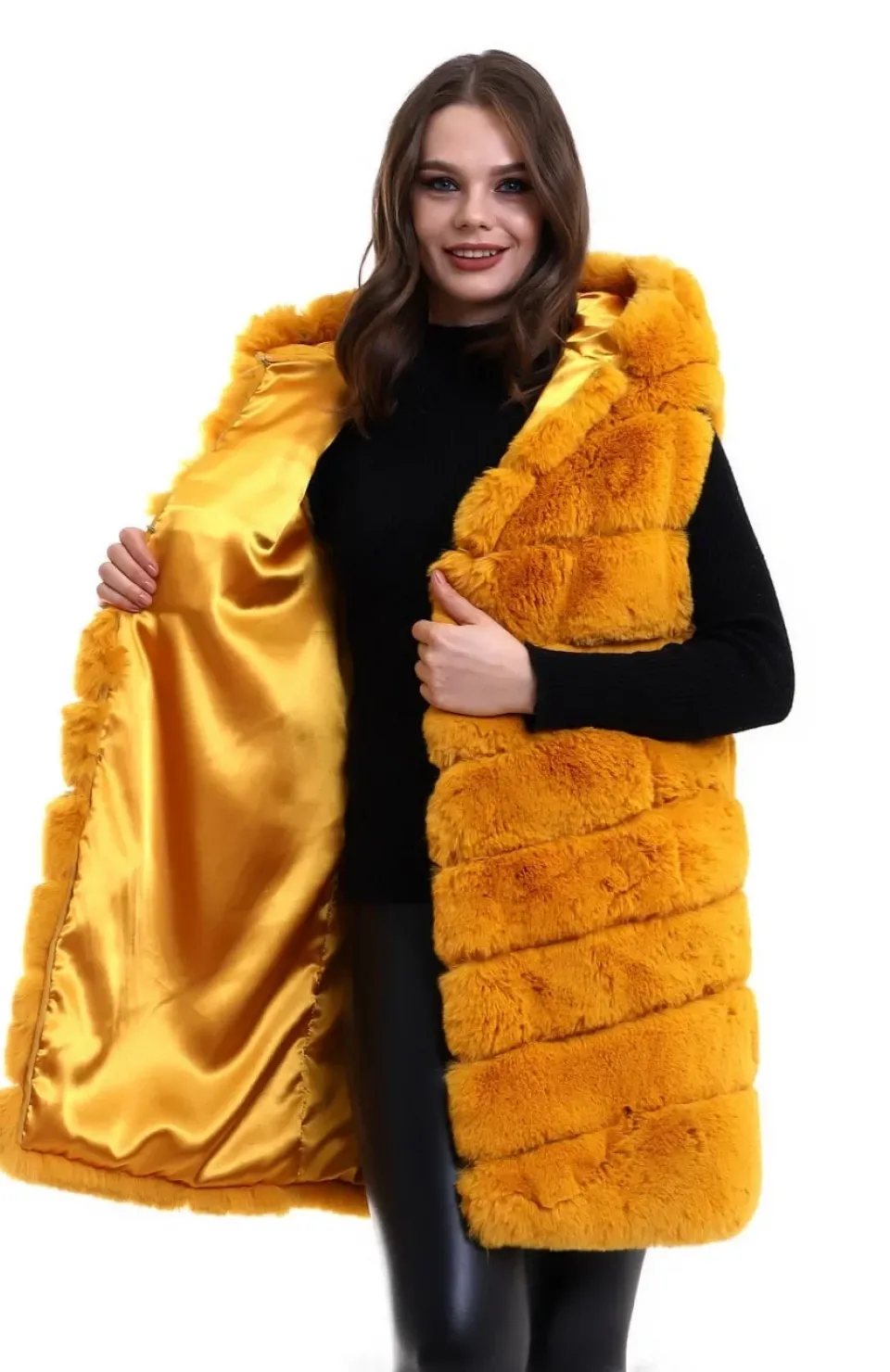 Kadın Reks Kapüşonlu Yelek - Sarı