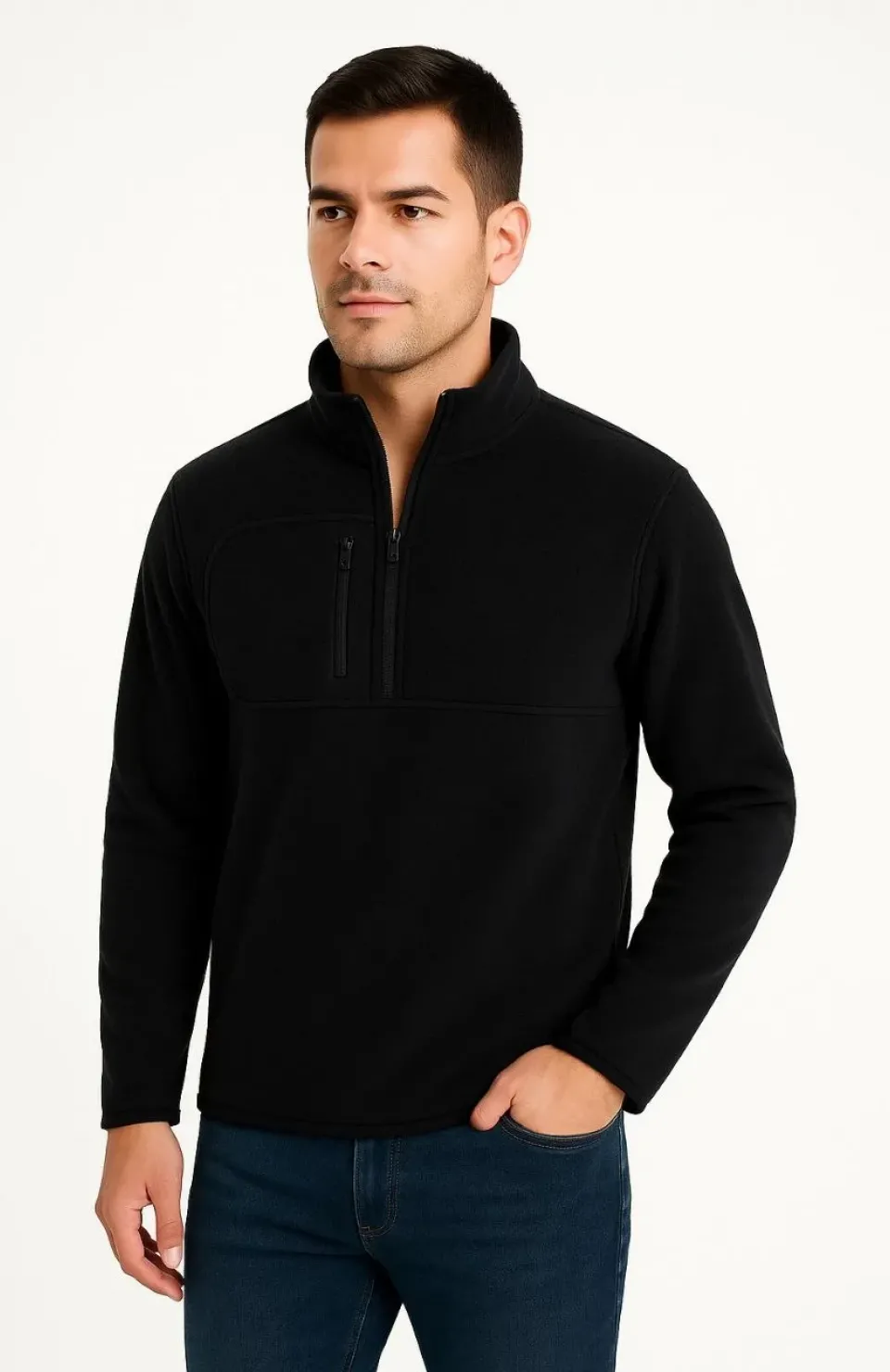 Erkek Polar Kazak – Dik Yaka, Yarım Fermuarlı, Fermuarlı Göğüs Cepli, Siyah Biyeli, Kışlık Rahat Regular Fit Günlük Model - Siyah