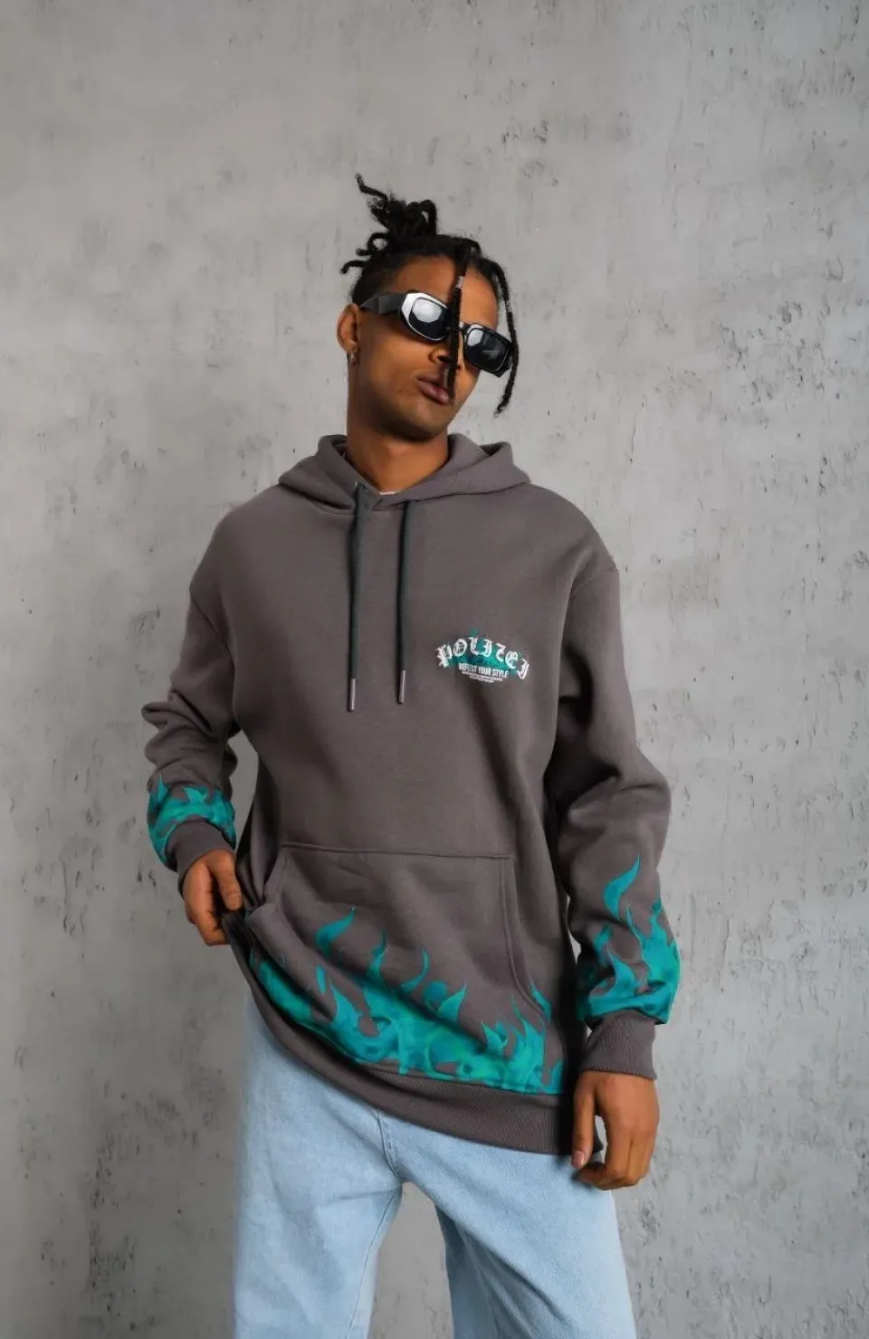 Erkek Üç İplik İçi Pamuklu Alev Baskılı Kapüşonlu Sweatshirt - Gri Somersan Giyim | Kadın, Erkek ve Çocuk Moda