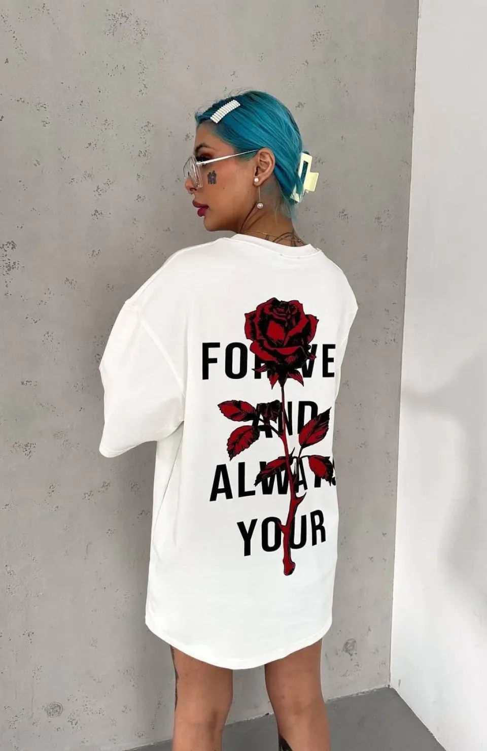 Unisex Bisiklet Yaka Baskılı Oversize T-Shirt - Beyaz