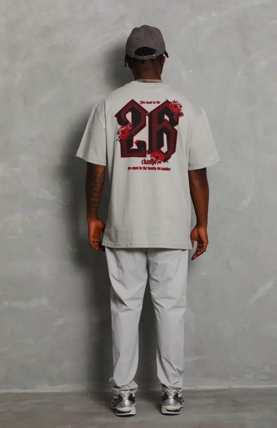 Unisex Oversize Baskılı Bisiklet Yaka T-Shirt - Gri